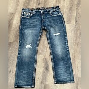 Rock Revival 42W 33L Tripp Straight Fit Distressed Western Cowboy Jeans Premium